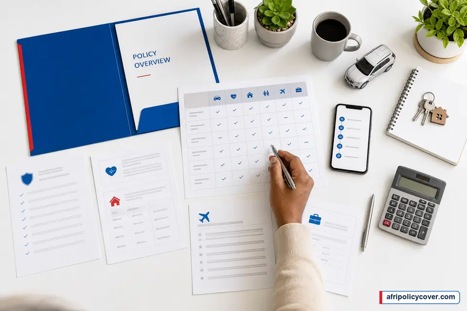 How Insurance Works in South Africa represented by a South African insurance comparison workspace with policy documents